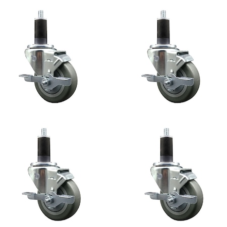 Service Caster 3.5'' SS Gray Poly Swivel 1-1/4'' Expanding Stem Caster Set with Brake, 4PK SCC-SSEX20S3514-PPUB-TLB-114-4